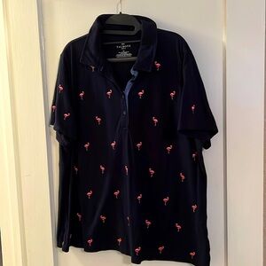 Talbots 2X Embroidered Polo Shirt Navy with Pink Flamingos and chambray detail